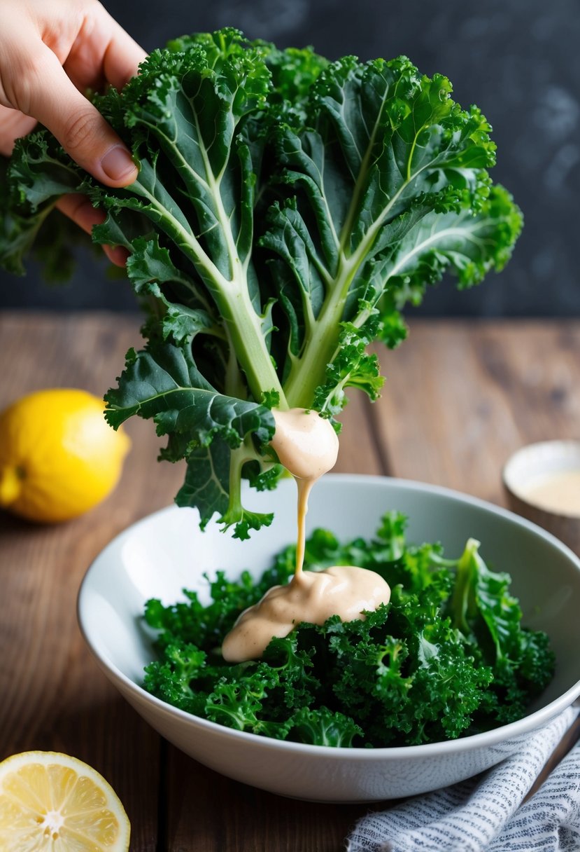 A vibrant bunch of kale leaves being tossed in a bowl with a tangy lemon-tahini dressing