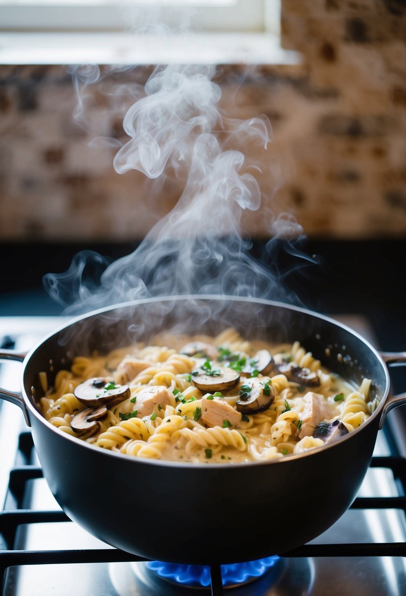 A pot simmering on the stove, filled with creamy chicken and mushroom pasta, steam rising from the bubbling mixture