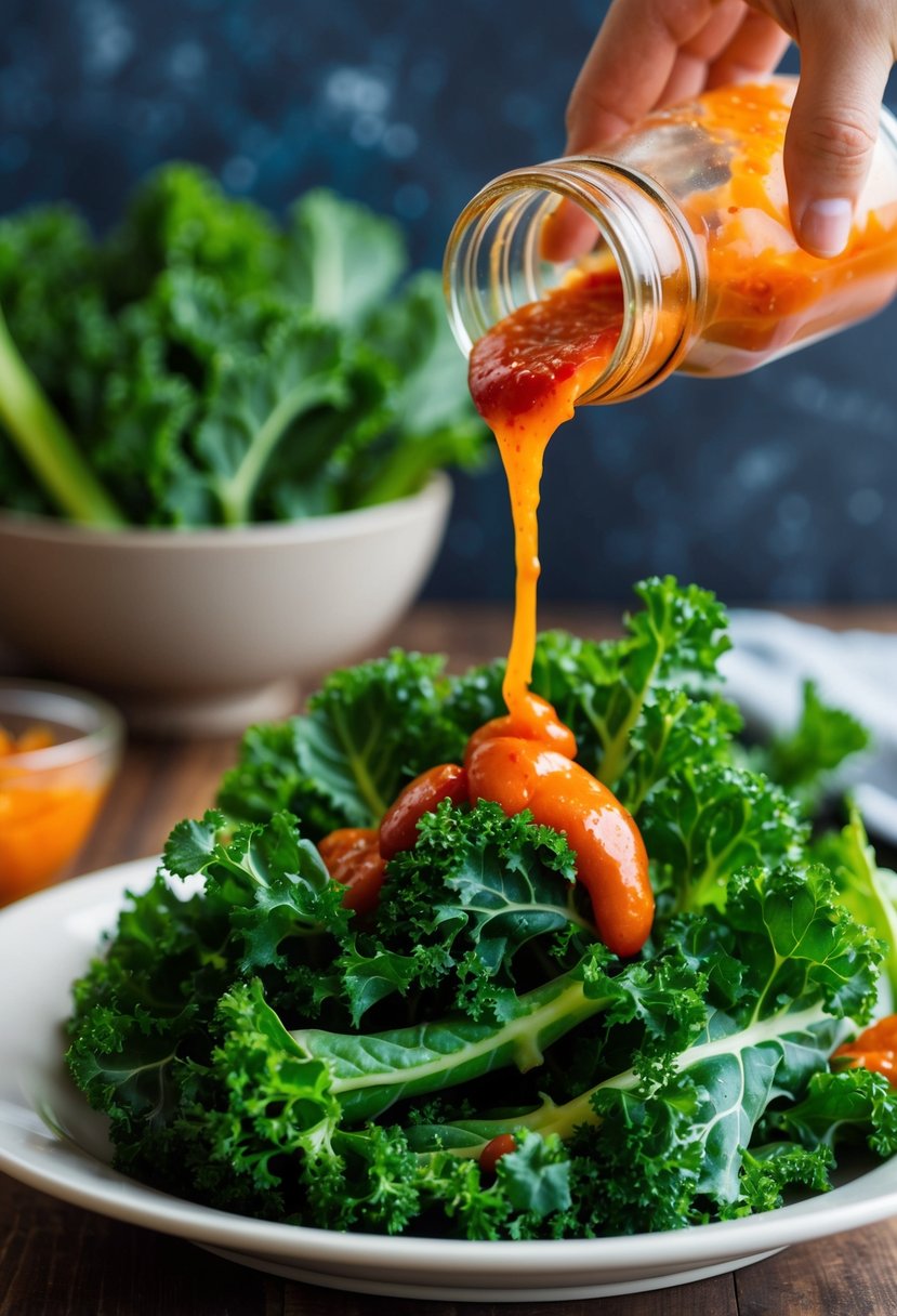 A vibrant bunch of fresh kale leaves being drizzled with spicy Sriracha dressing in a simple, enticing salad recipe