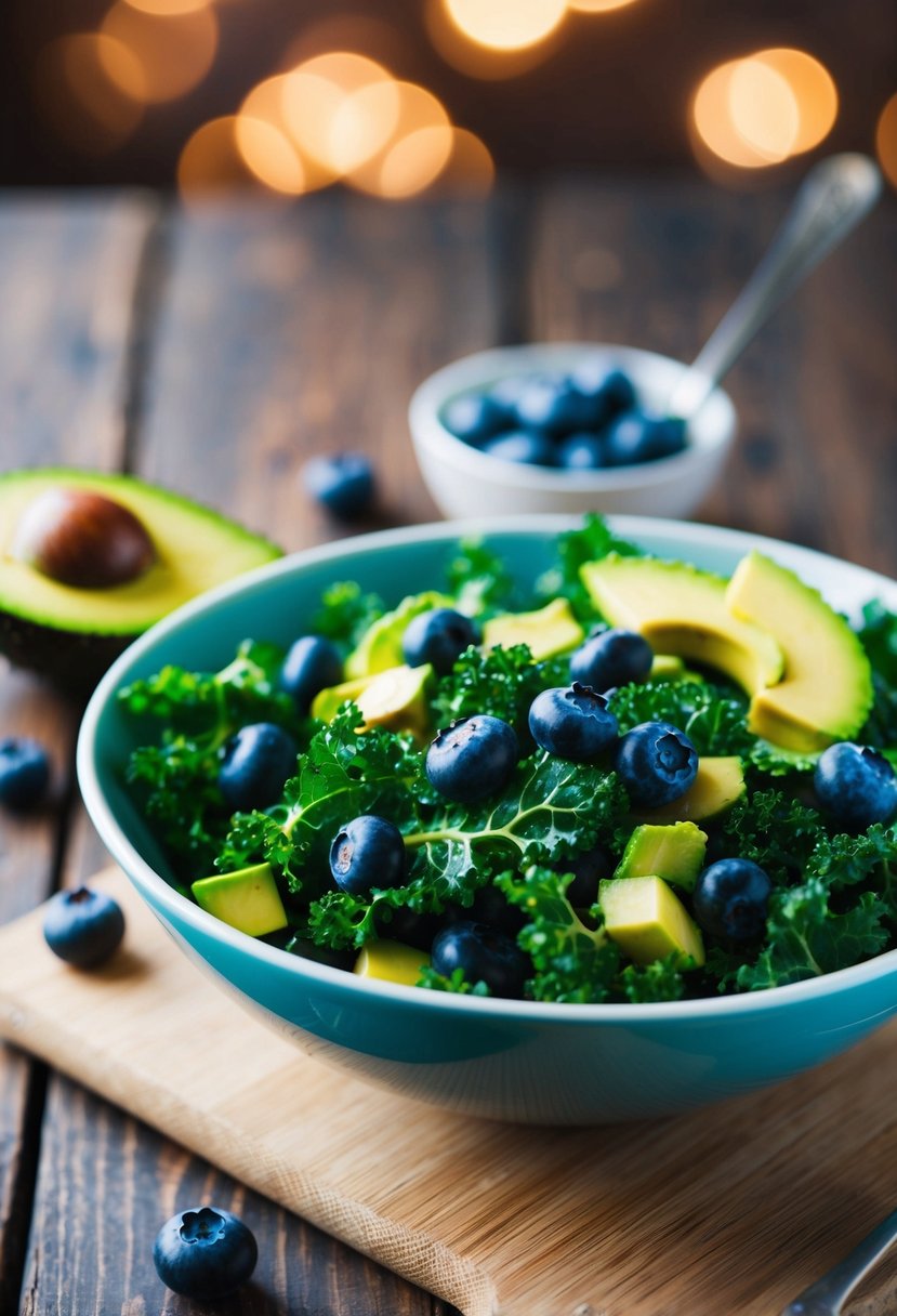 A bowl of kale salad with blueberries and avocado on a wooden table