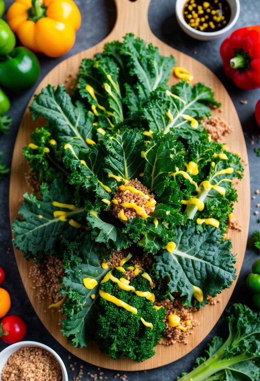 A colorful array of fresh kale leaves and quinoa arranged on a wooden cutting board, surrounded by vibrant vegetables and a drizzle of dressing