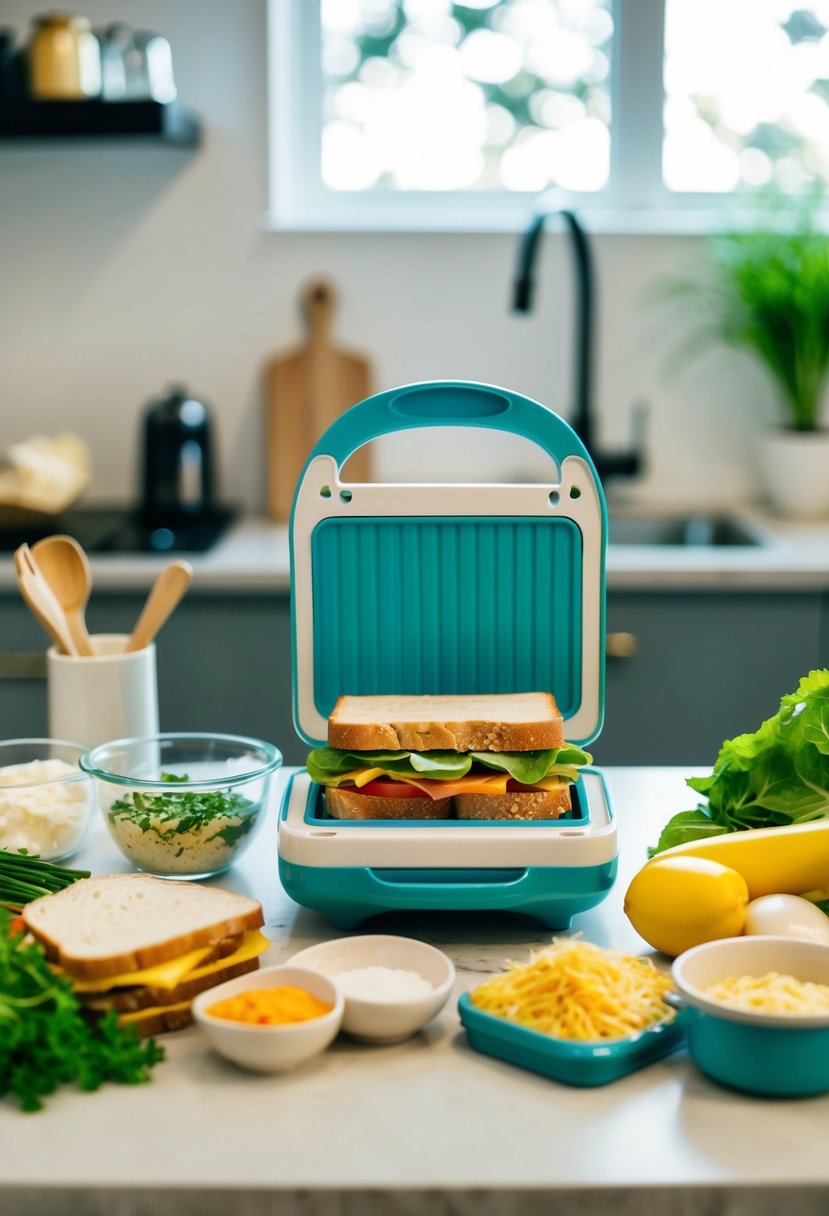 A mini sandwich maker surrounded by various ingredients and utensils on a kitchen counter