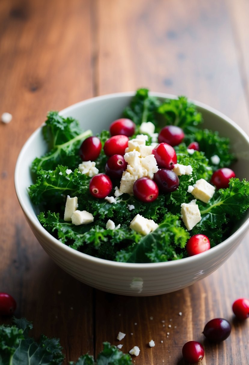 A bowl of fresh kale leaves topped with vibrant red cranberries and crumbled feta cheese, sitting on a wooden table