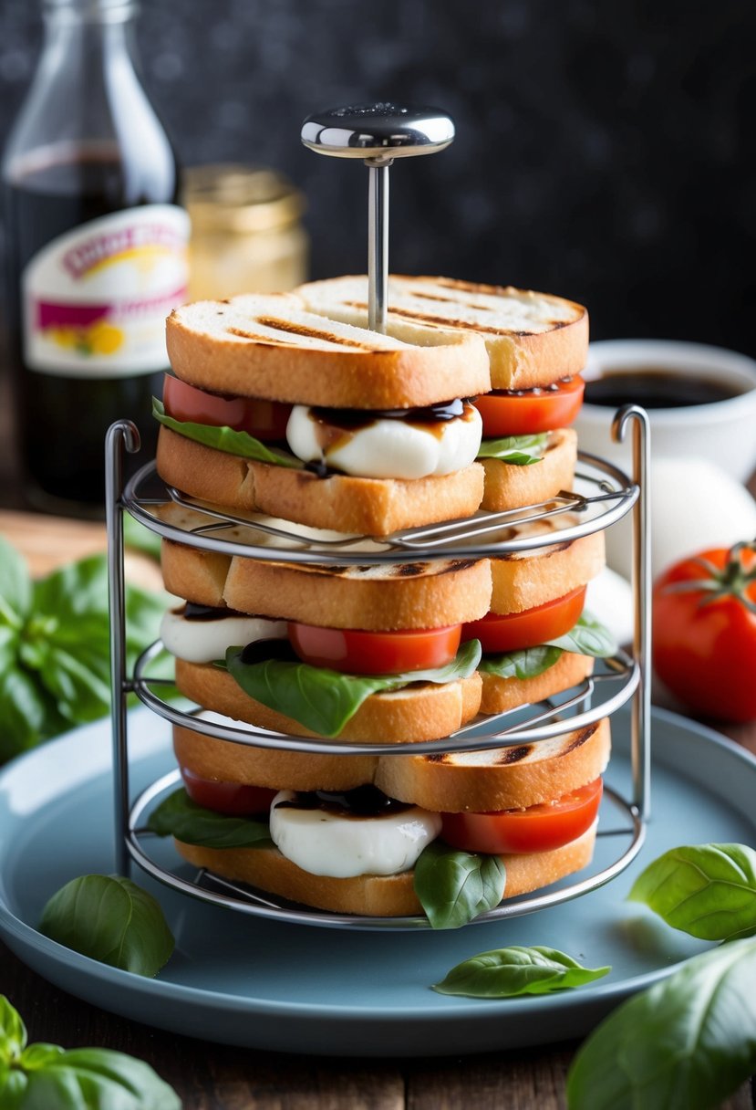 A platter of Caprese Mini Panini being prepared in a mini sandwich maker. Ingredients include fresh mozzarella, tomatoes, basil, and balsamic glaze