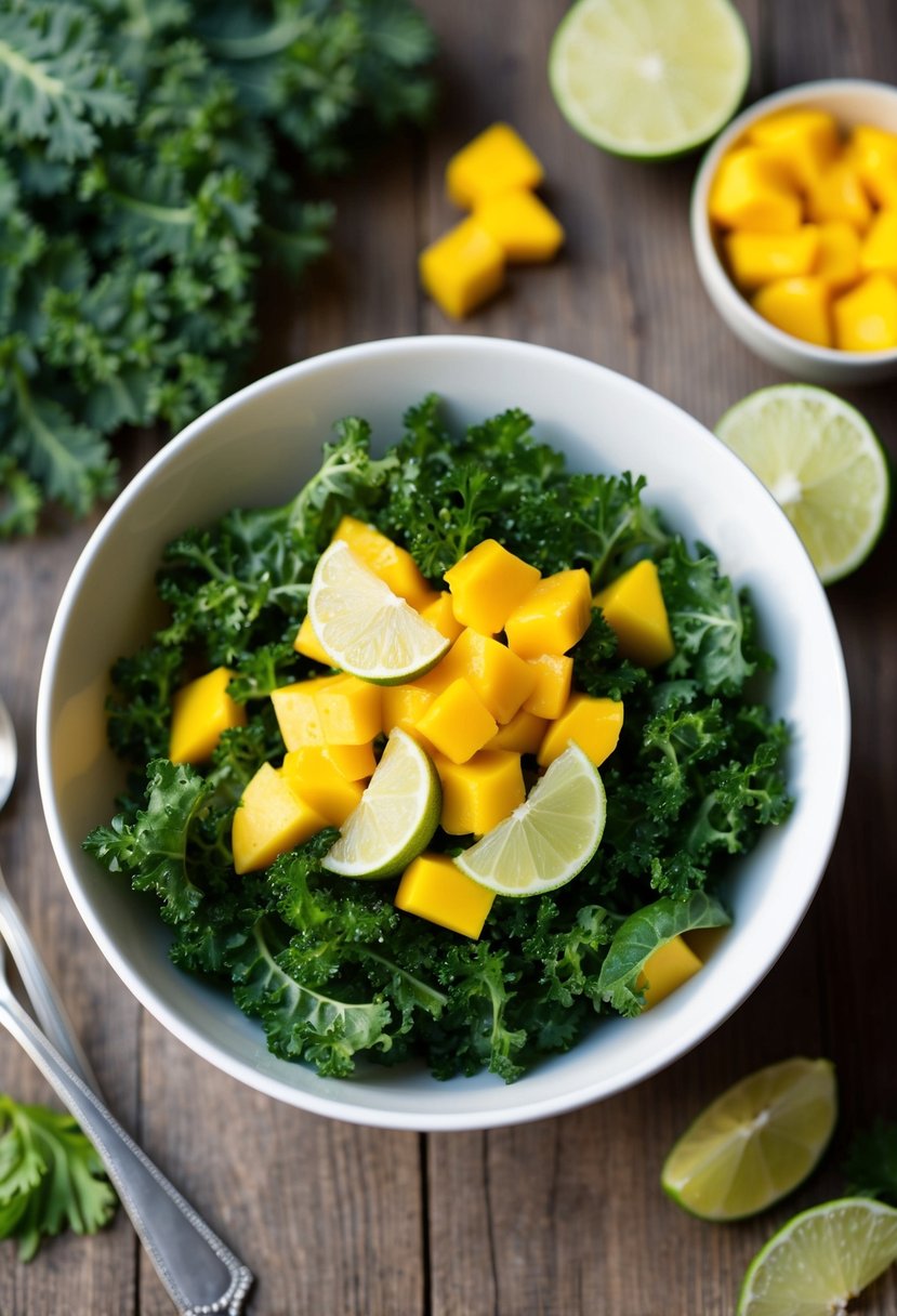 A vibrant bowl of kale salad with diced mango and lime slices