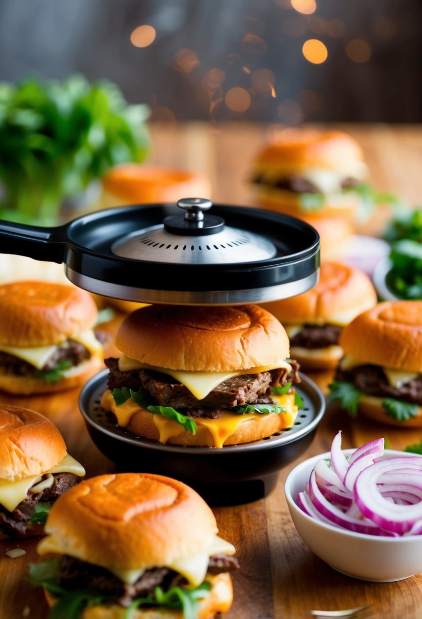 A sizzling hot mini sandwich maker filled with Philly cheesesteak sliders, surrounded by fresh ingredients like thinly sliced beef, onions, and melted cheese