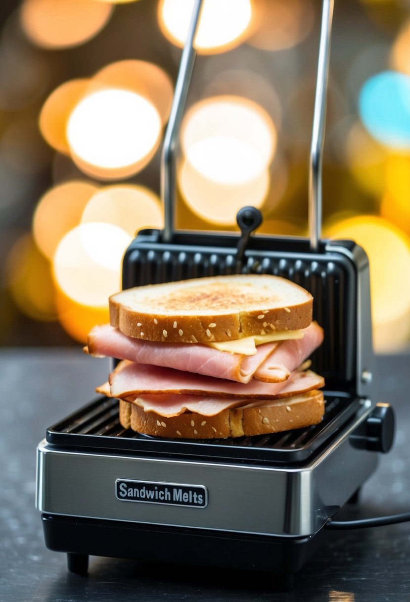 A mini sandwich maker sizzling with ham and Swiss melts