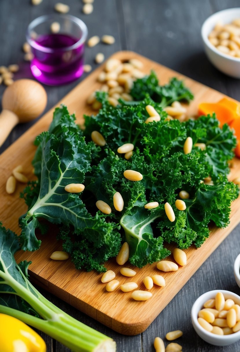 A colorful medley of kale, pine nuts, and other fresh ingredients arranged on a wooden cutting board