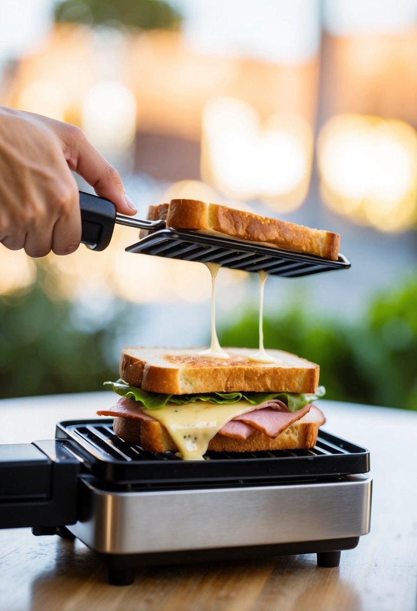 A mini Croque Monsieur sandwich being grilled in a small sandwich maker, with cheese melting and ham peeking out