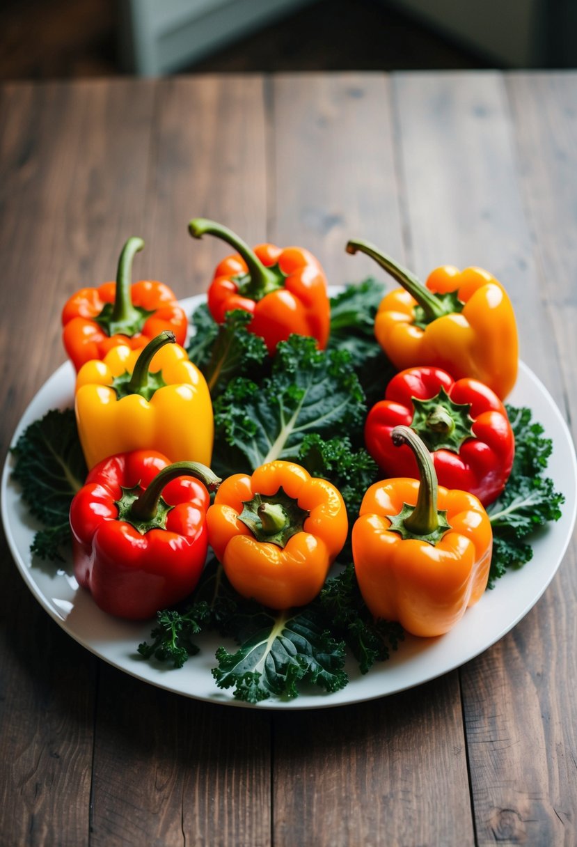 A colorful array of roasted bell peppers and fresh kale leaves arranged on a white plate