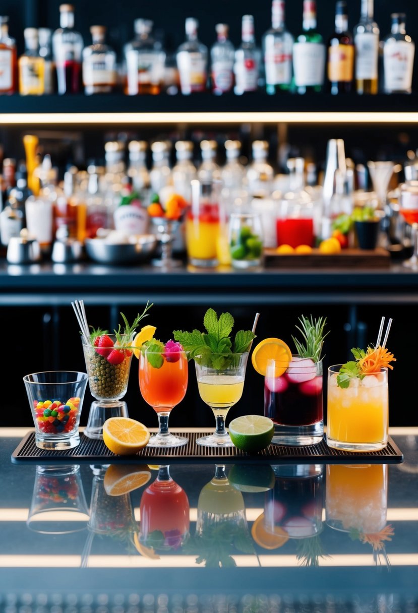 A colorful array of cocktail ingredients, glassware, and garnishes arranged on a sleek, modern bar counter