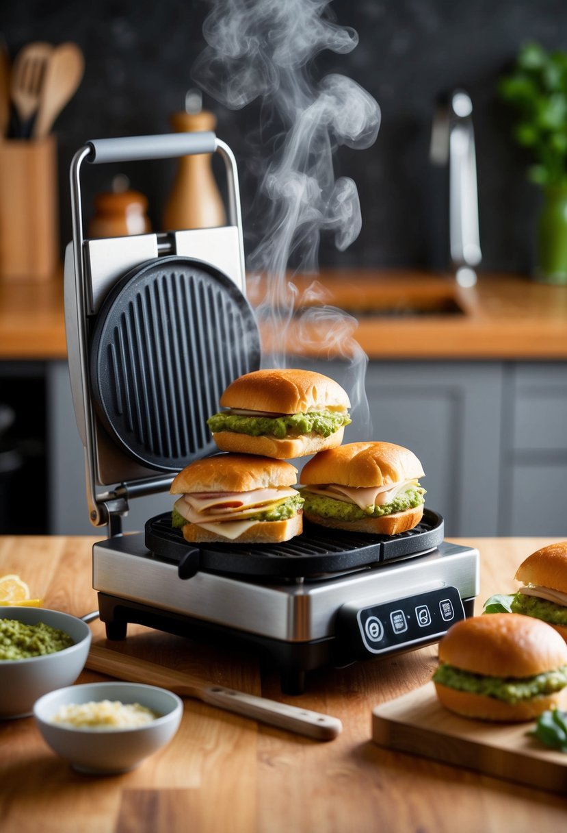 A mini sandwich maker sizzling with golden-brown turkey pesto sliders, steam rising from the hot surface. Ingredients and utensils neatly arranged on the kitchen counter