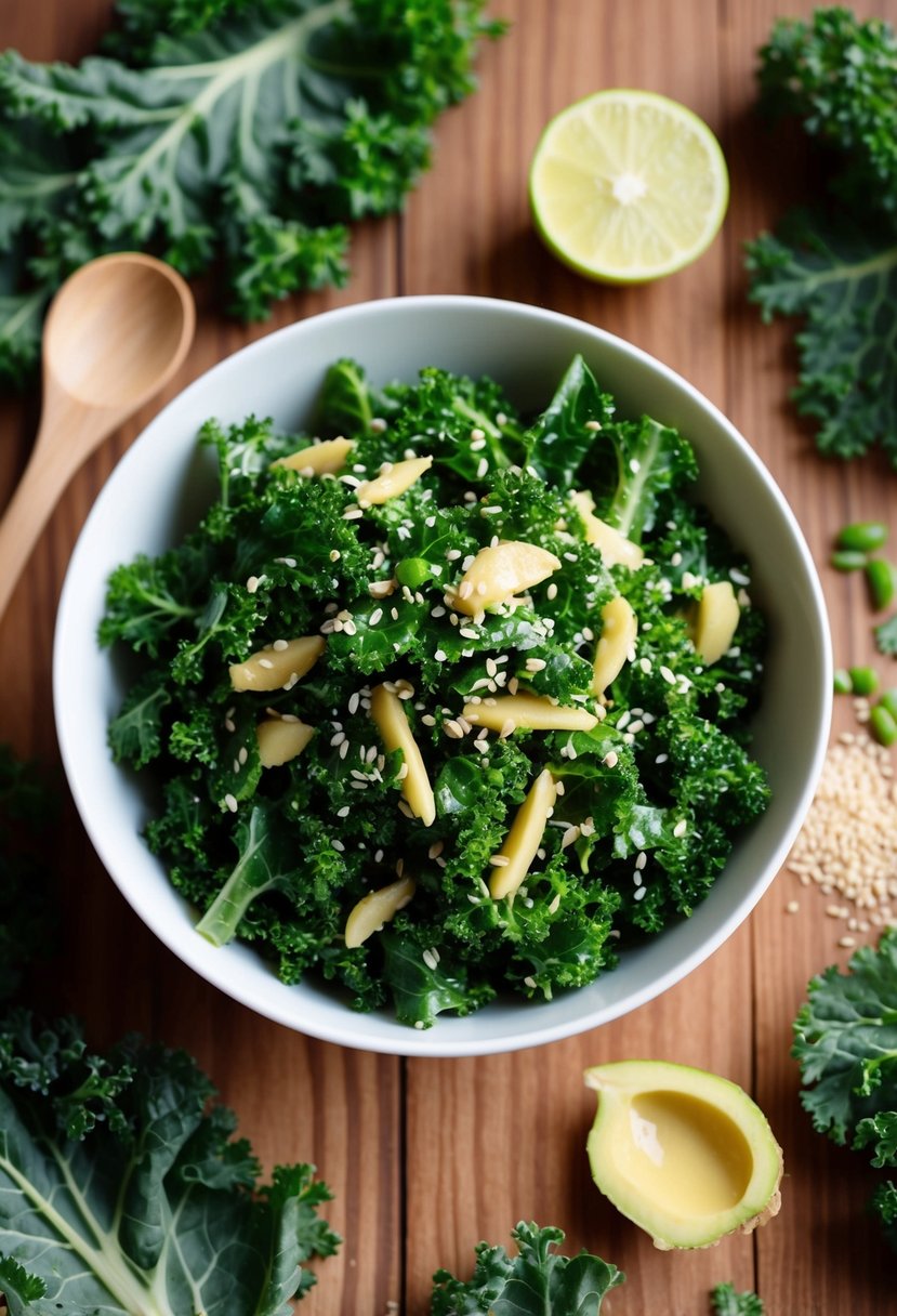 A bowl of kale salad with sesame seeds and ginger dressing on a wooden table, surrounded by fresh kale leaves and sesame seeds