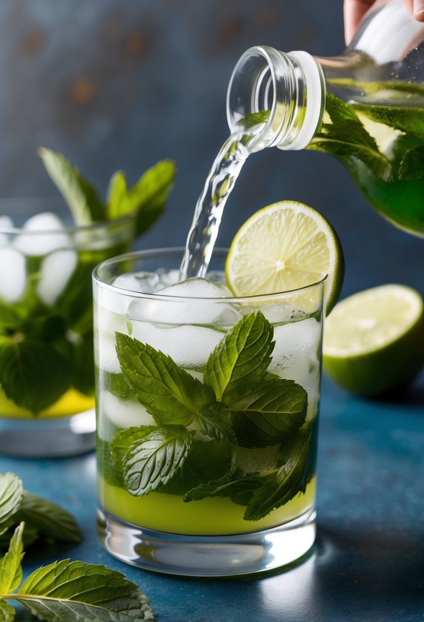 A refreshing mojito cocktail being poured into a glass filled with ice and garnished with fresh mint leaves and a slice of lime