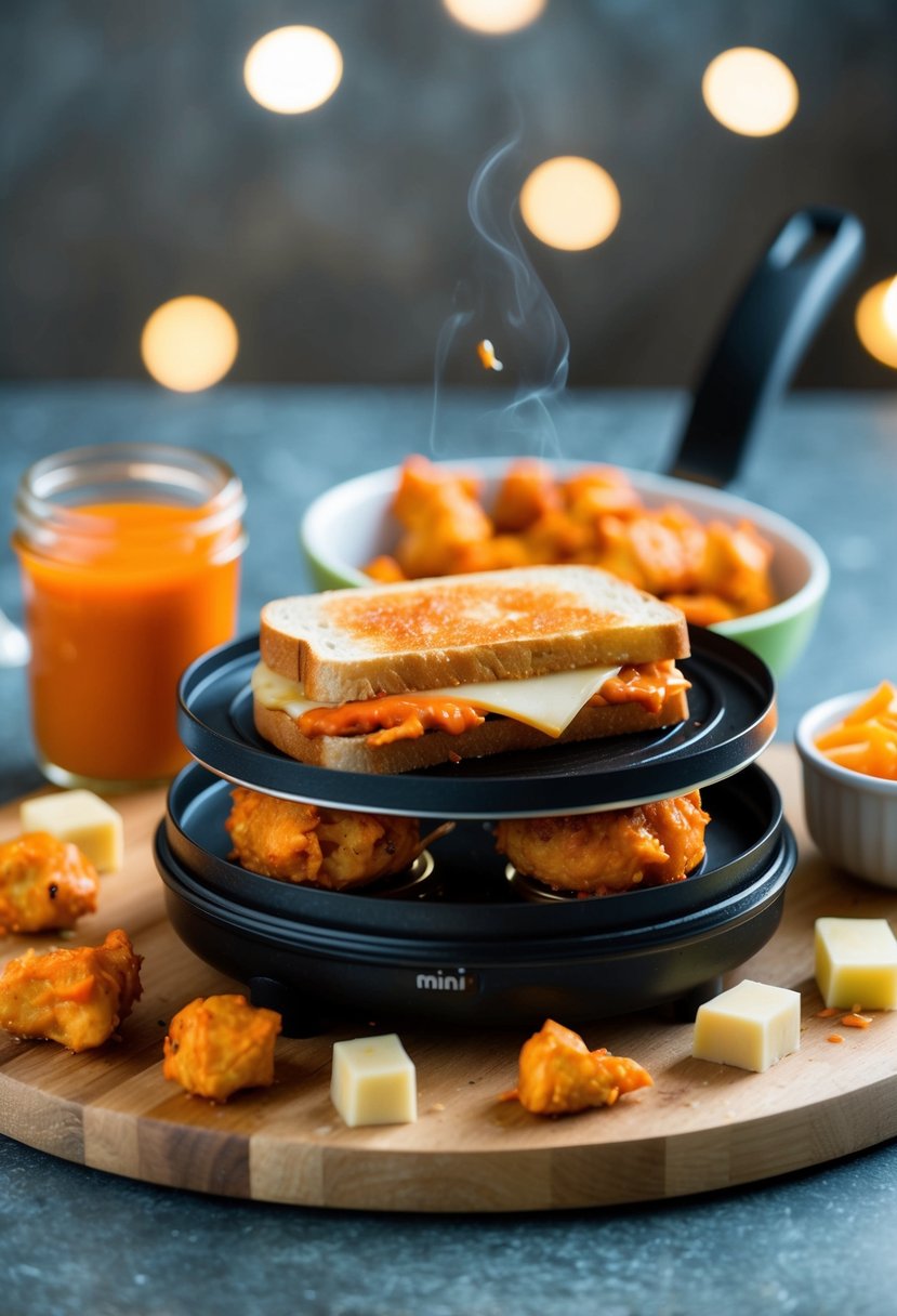 A mini sandwich maker sizzling with buffalo chicken bites, surrounded by ingredients like hot sauce, cheese, and diced chicken