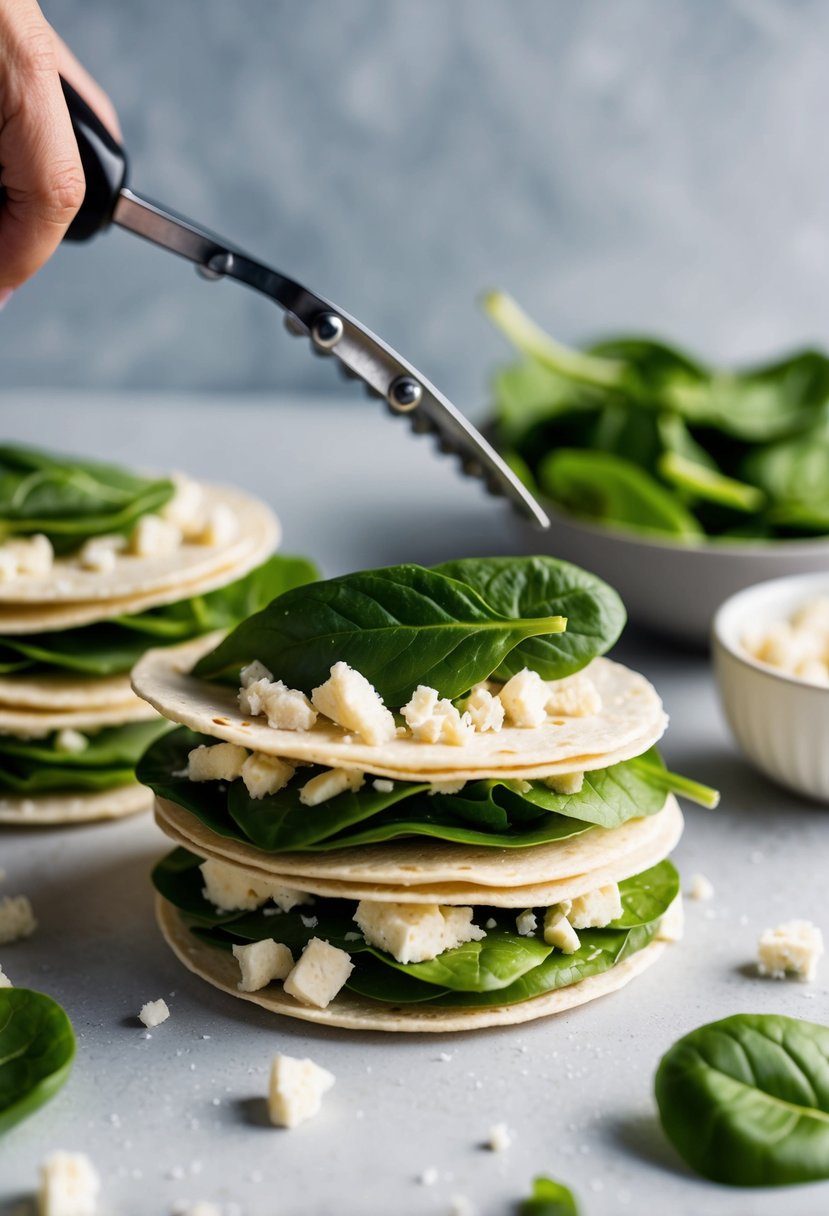 Fresh spinach leaves and crumbled feta cheese are carefully layered onto soft tortillas before being folded and pressed in a mini sandwich maker