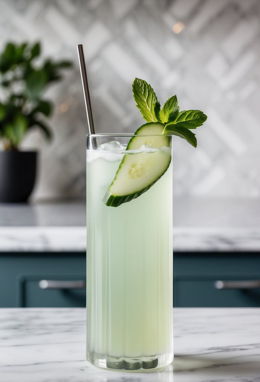 A tall, frosted glass filled with a pale green liquid, garnished with a slice of cucumber and a sprig of fresh mint, sitting on a marble countertop