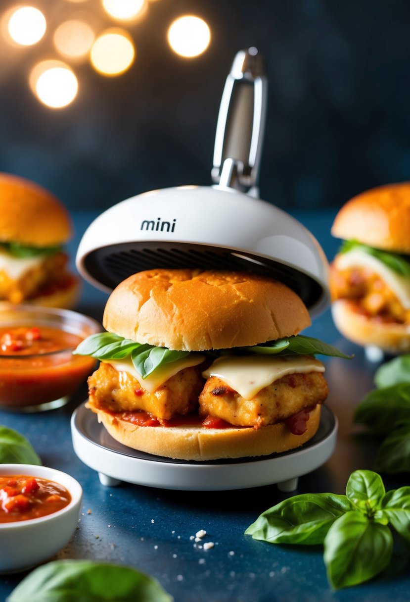 A mini sandwich maker filled with sizzling Chicken Parmesan Sliders, surrounded by fresh basil and marinara sauce