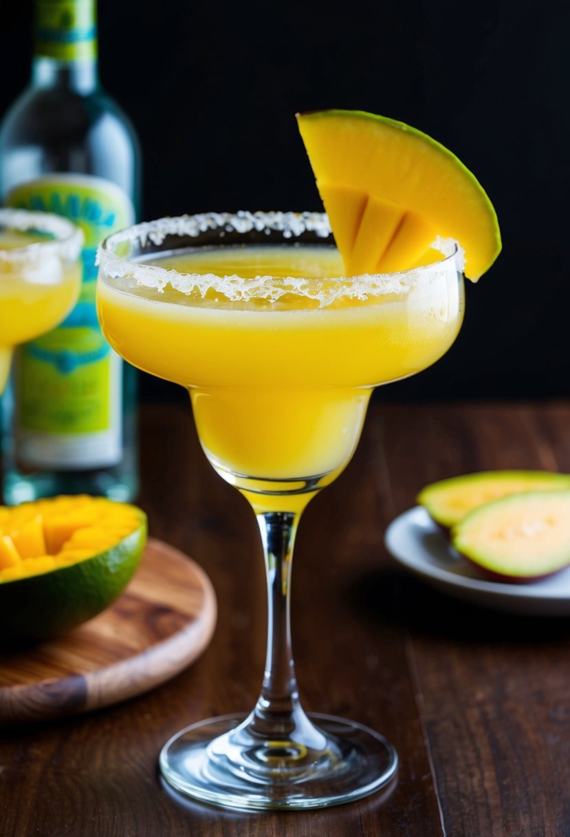 A glass filled with a vibrant yellow mango margarita, garnished with a slice of fresh mango and a salted rim, set on a wooden table