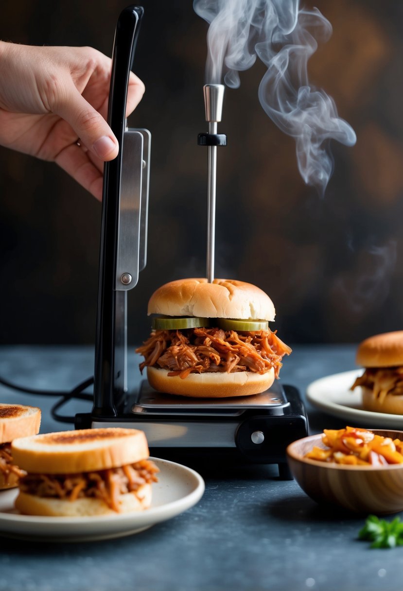 A sizzling BBQ pulled pork mini sandwich being pressed in a sandwich maker, with steam rising and the aroma of savory meat filling the air