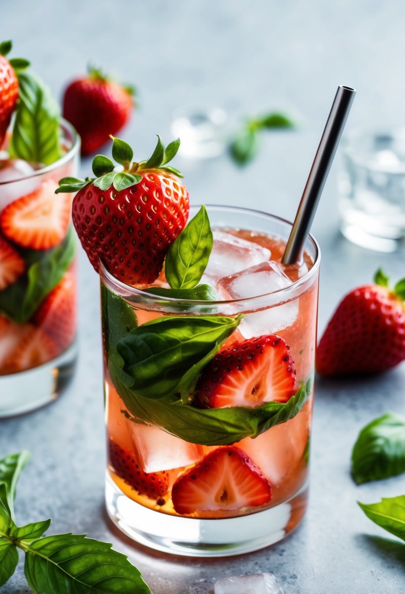 A glass filled with muddled strawberries and basil, ice cubes, and a clear liquid, garnished with a fresh strawberry and basil leaf