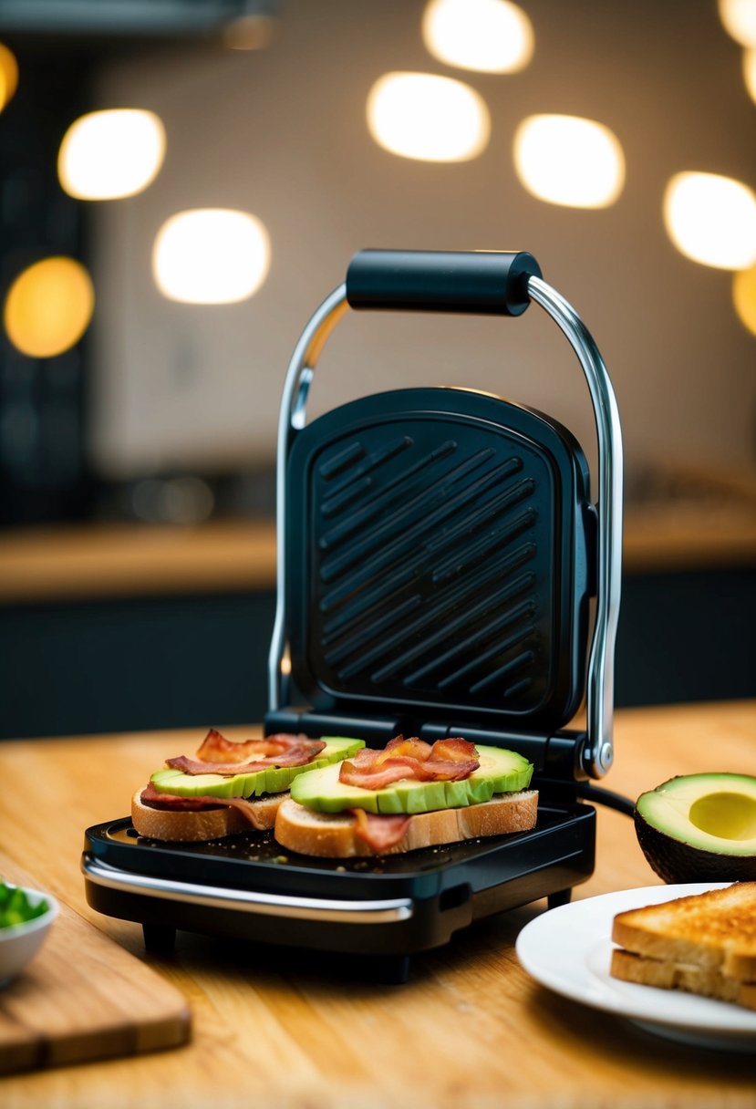 A mini sandwich maker sizzling with bacon and avocado toasties