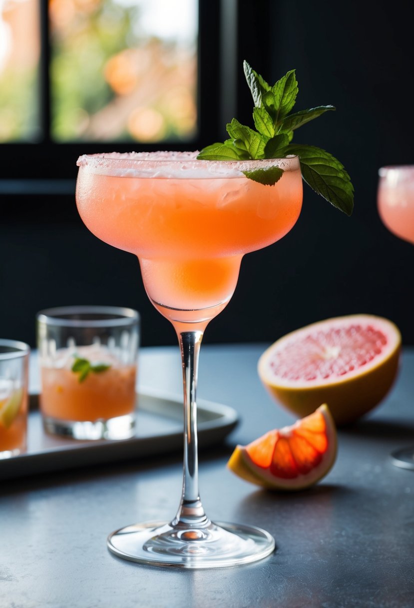 A tall glass filled with a pink Grapefruit Paloma cocktail, garnished with a slice of grapefruit and a sprig of fresh mint