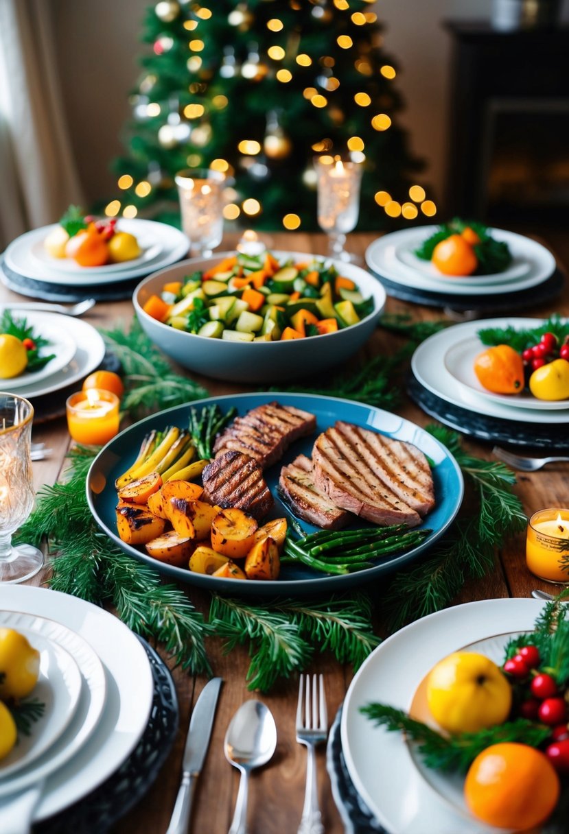 A festive table set with whole 30 Christmas recipes: roasted vegetables, grilled meats, and fresh fruit