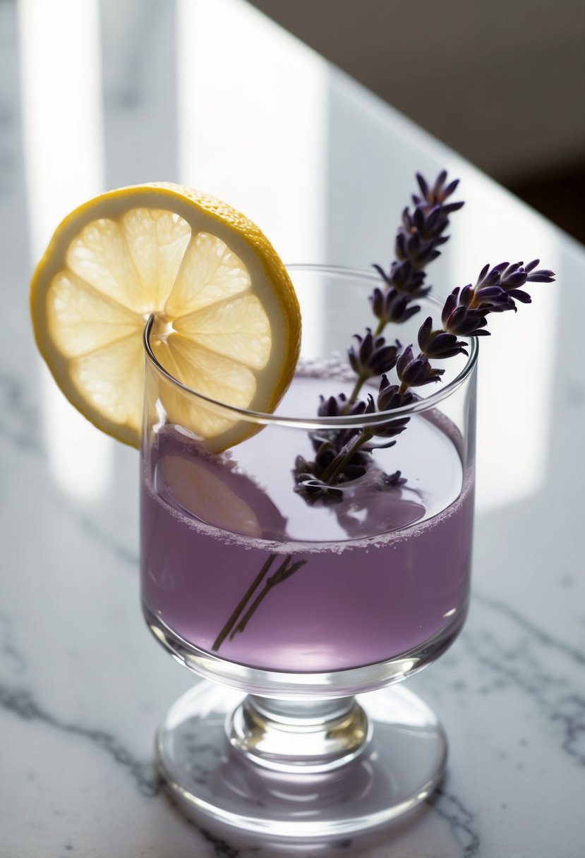 A glass filled with a pale purple liquid, garnished with a slice of lemon and a sprig of lavender, sits on a marble countertop