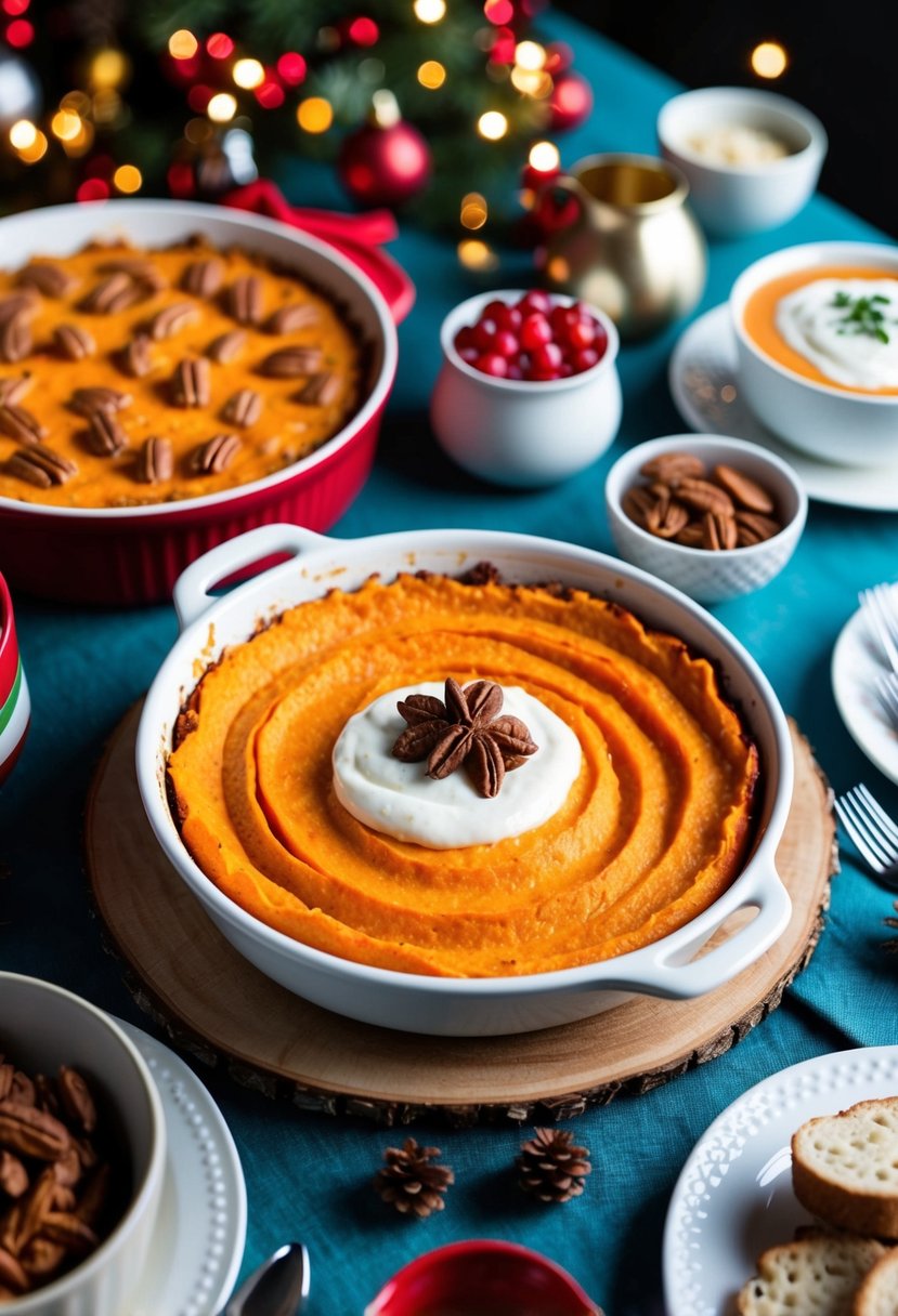 A festive table with a colorful sweet potato casserole surrounded by other Whole30 Christmas dishes