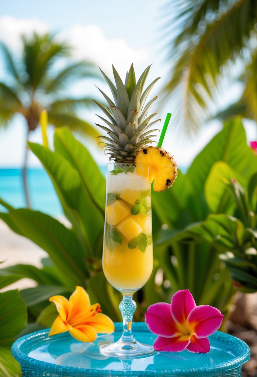 A tropical beach setting with a tall, refreshing Pineapple Coconut Mojito cocktail served in a decorative glass, surrounded by lush greenery and vibrant flowers