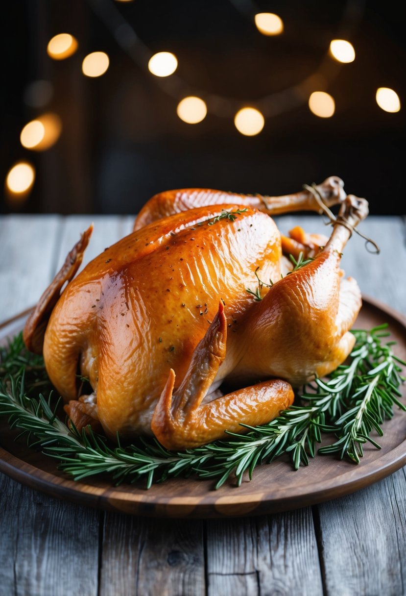 A golden-brown whole turkey surrounded by sprigs of fresh rosemary on a rustic wooden platter