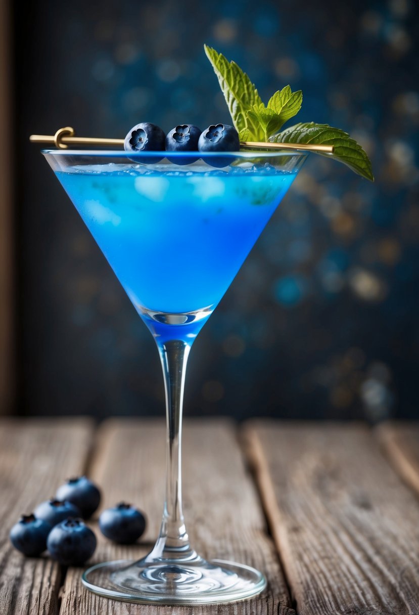 A tall glass filled with a vibrant blue cocktail, garnished with fresh blueberries and a sprig of mint, sitting on a rustic wooden table