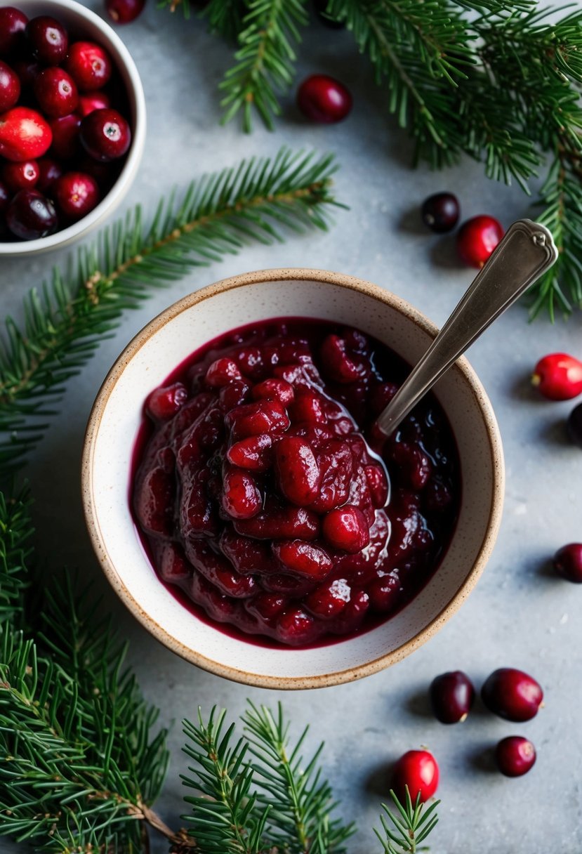 A rustic bowl of whole30 cranberry sauce surrounded by festive greenery and berries