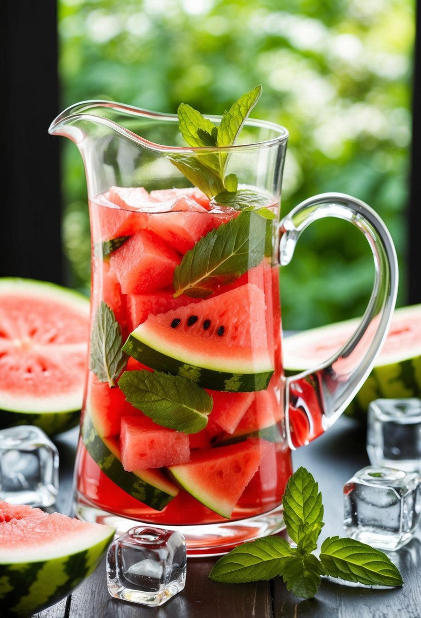 A glass pitcher filled with watermelon slices and mint leaves, surrounded by ice cubes and a sprig of mint