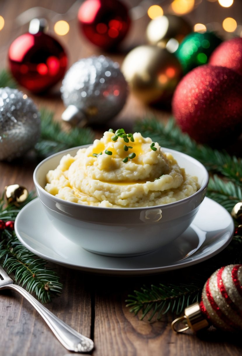 A festive table setting with a bowl of Whole30 Garlic Mashed Cauliflower surrounded by Christmas decorations