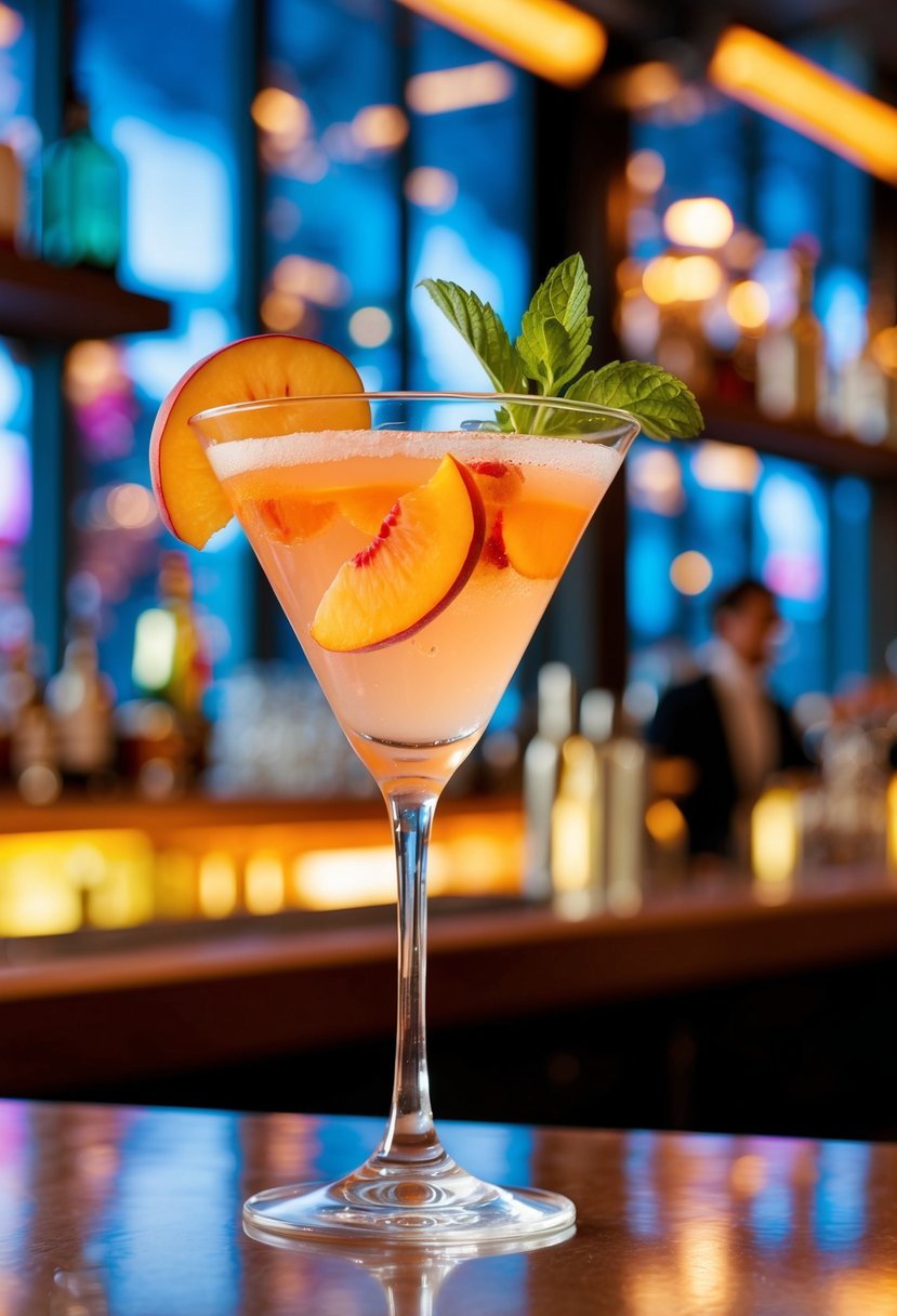 A glass of Peach Bellini cocktail with peach slices and a sprig of mint, set against a backdrop of a vibrant and bustling bar scene