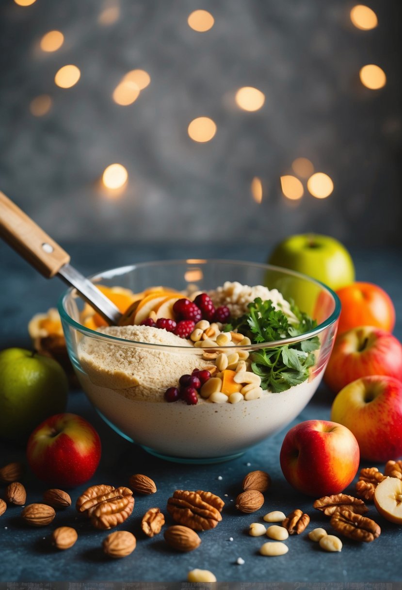 A mixing bowl filled with wholesome ingredients, surrounded by fresh fruits and nuts