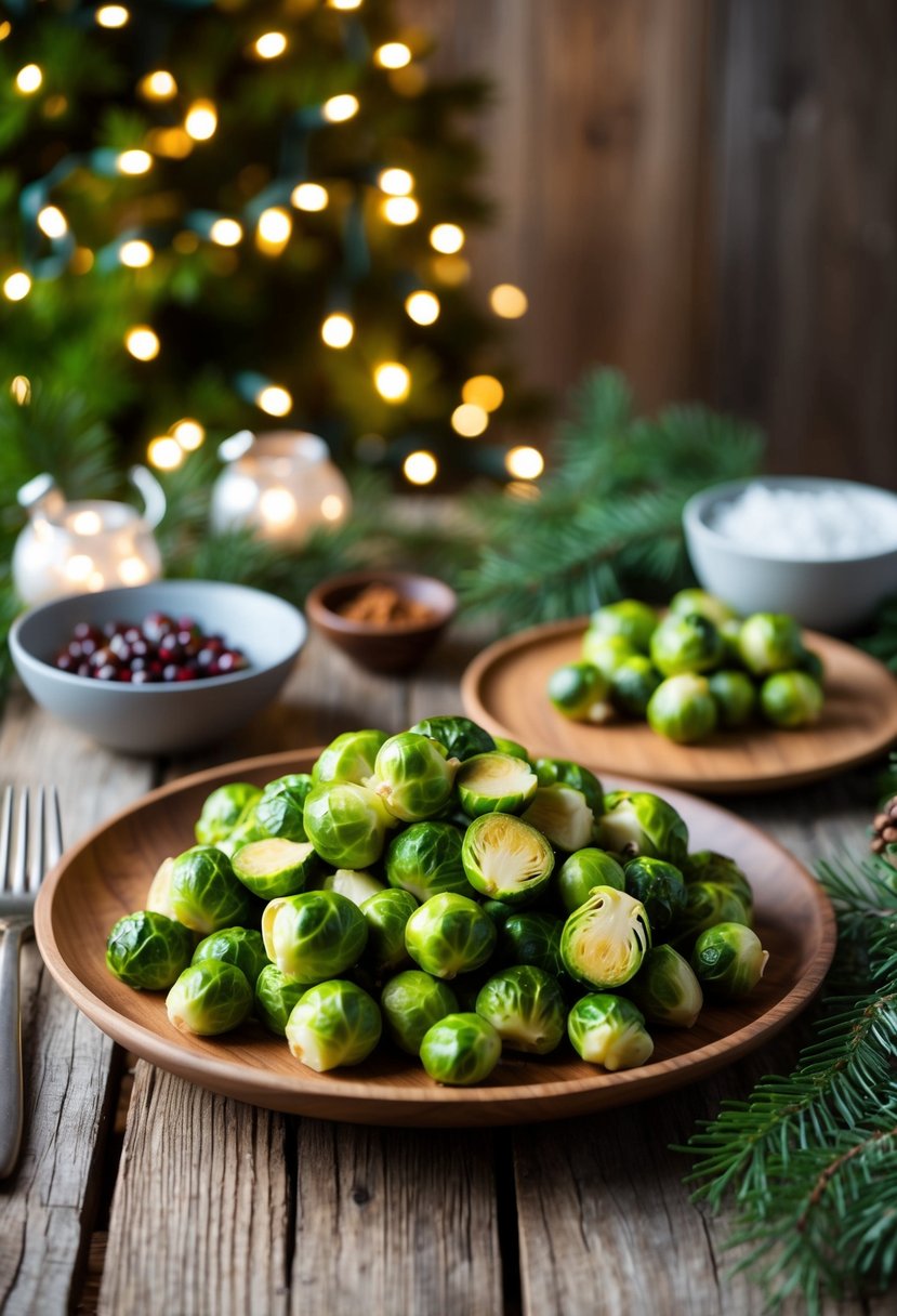 A rustic wooden table adorned with a festive spread of Whole30 Balsamic Brussels Sprouts, surrounded by twinkling Christmas lights and greenery