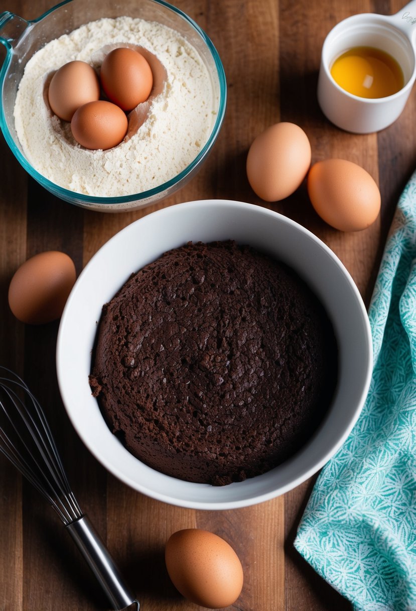 A bowl of almond flour chocolate cake mix surrounded by fresh eggs, a whisk, and a measuring cup on a wooden kitchen counter