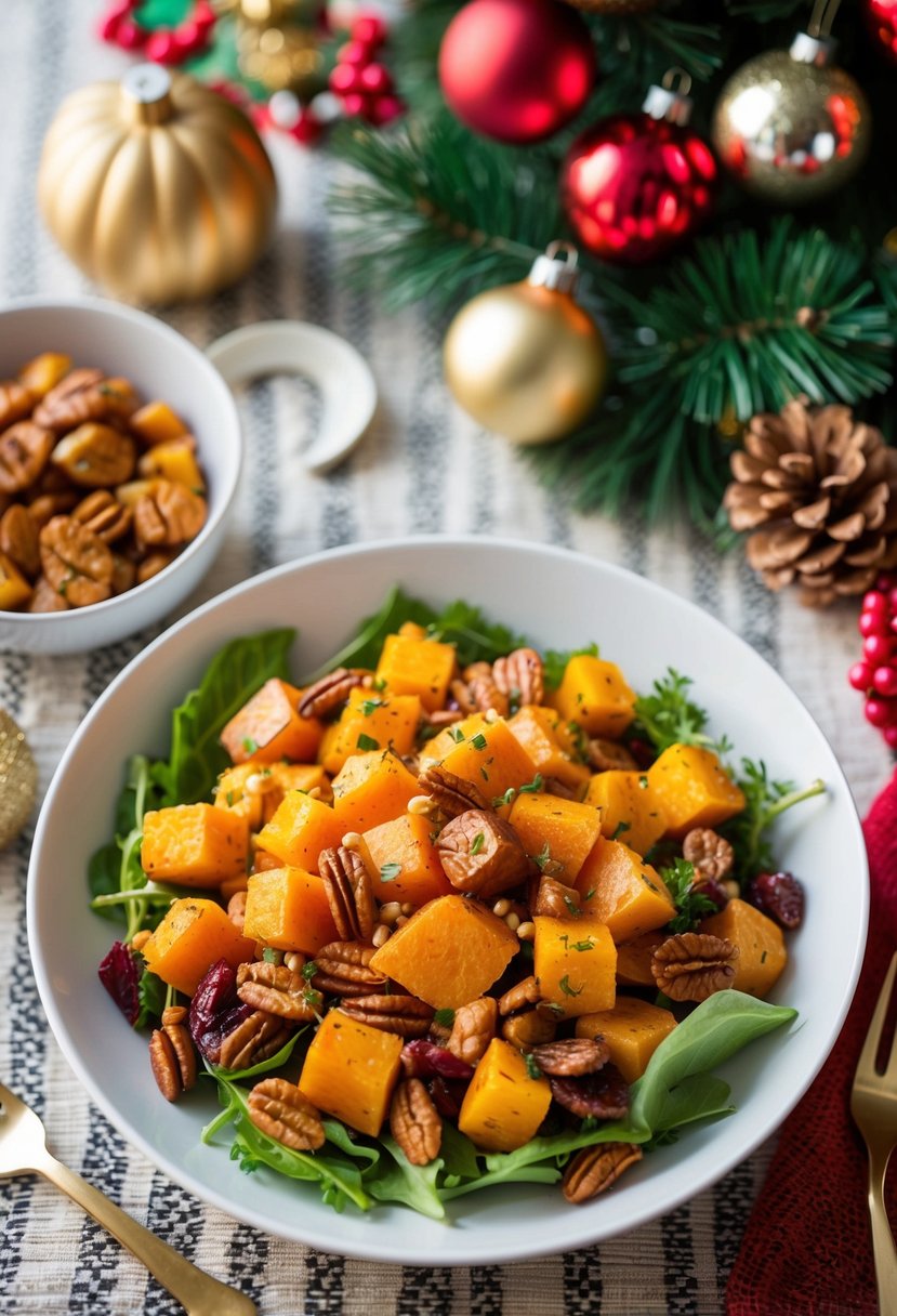 A festive table setting with a colorful Whole30 Roasted Butternut Squash Salad surrounded by Christmas decorations