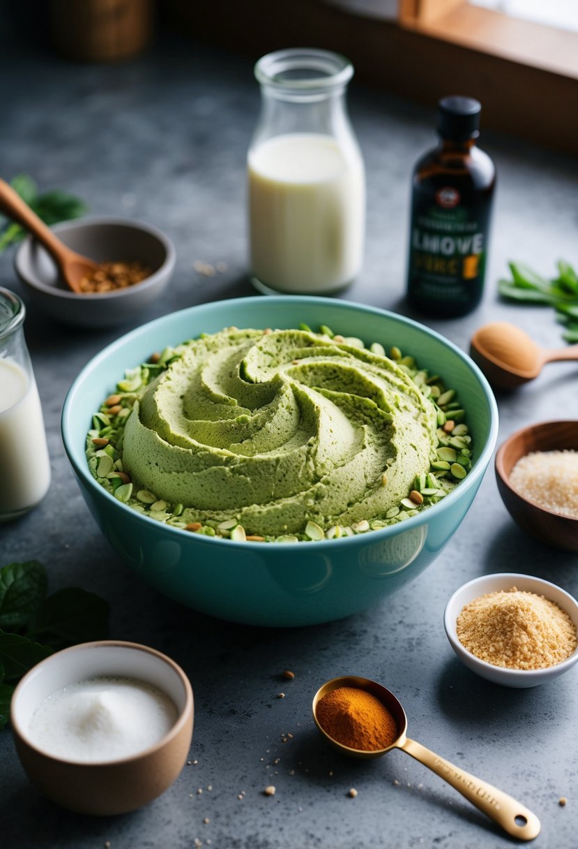 A kitchen counter with a bowl of vegan matcha cake mix, surrounded by fresh ingredients like almond milk, coconut oil, and vanilla extract