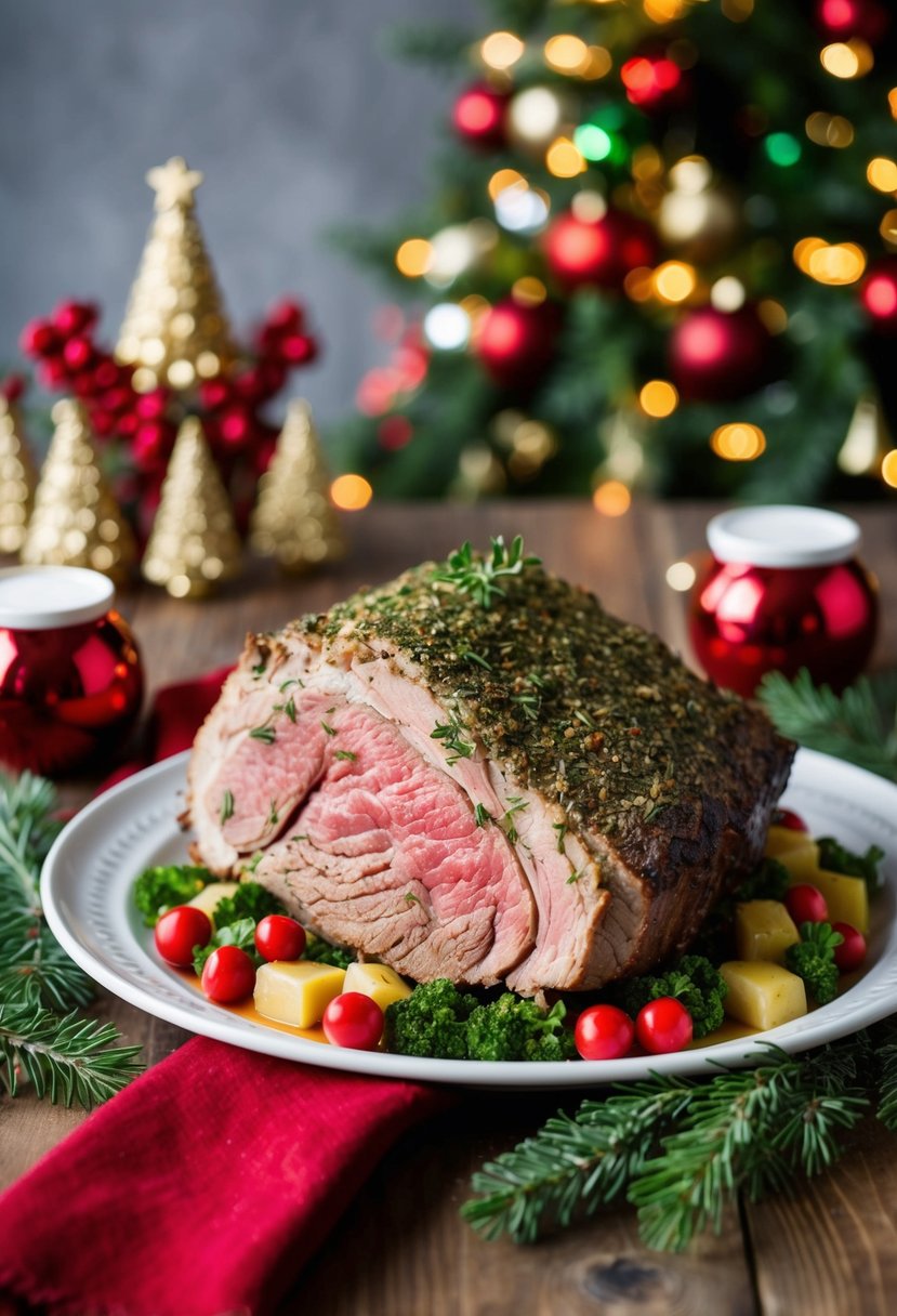 A platter of herb-crusted prime rib surrounded by festive holiday decor