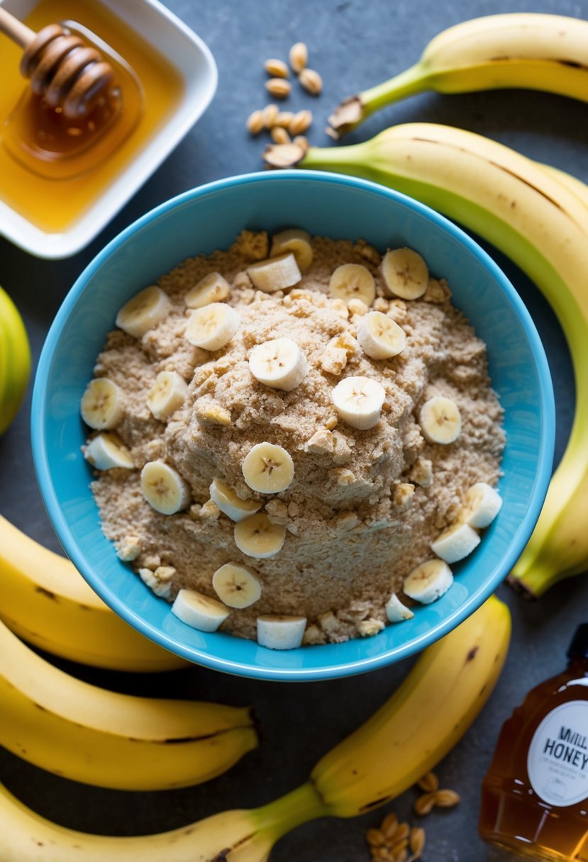 A mixing bowl filled with whole wheat banana bread mix, surrounded by fresh bananas and a bottle of honey