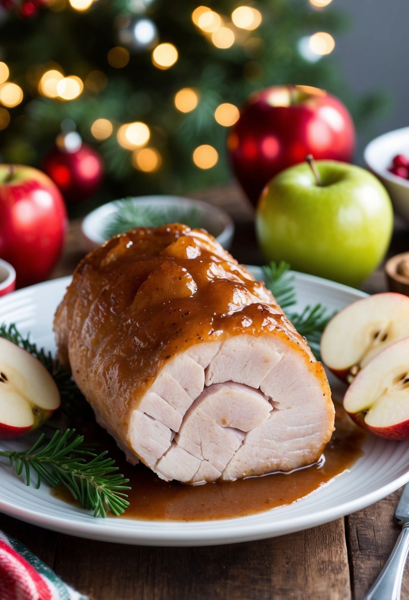 A succulent pork loin glazed with apple, surrounded by festive whole 30 approved Christmas ingredients