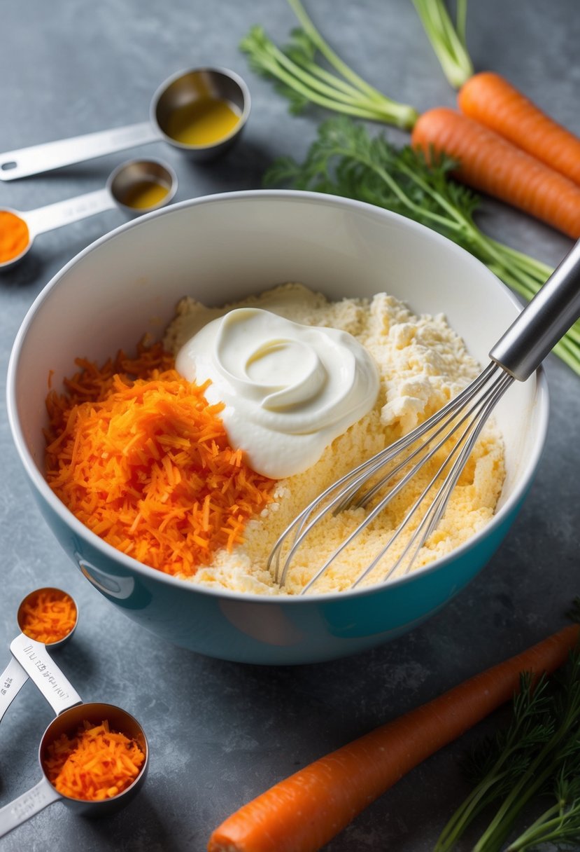 A mixing bowl filled with grated carrots, Greek yogurt, and cake mix, surrounded by measuring spoons and a whisk