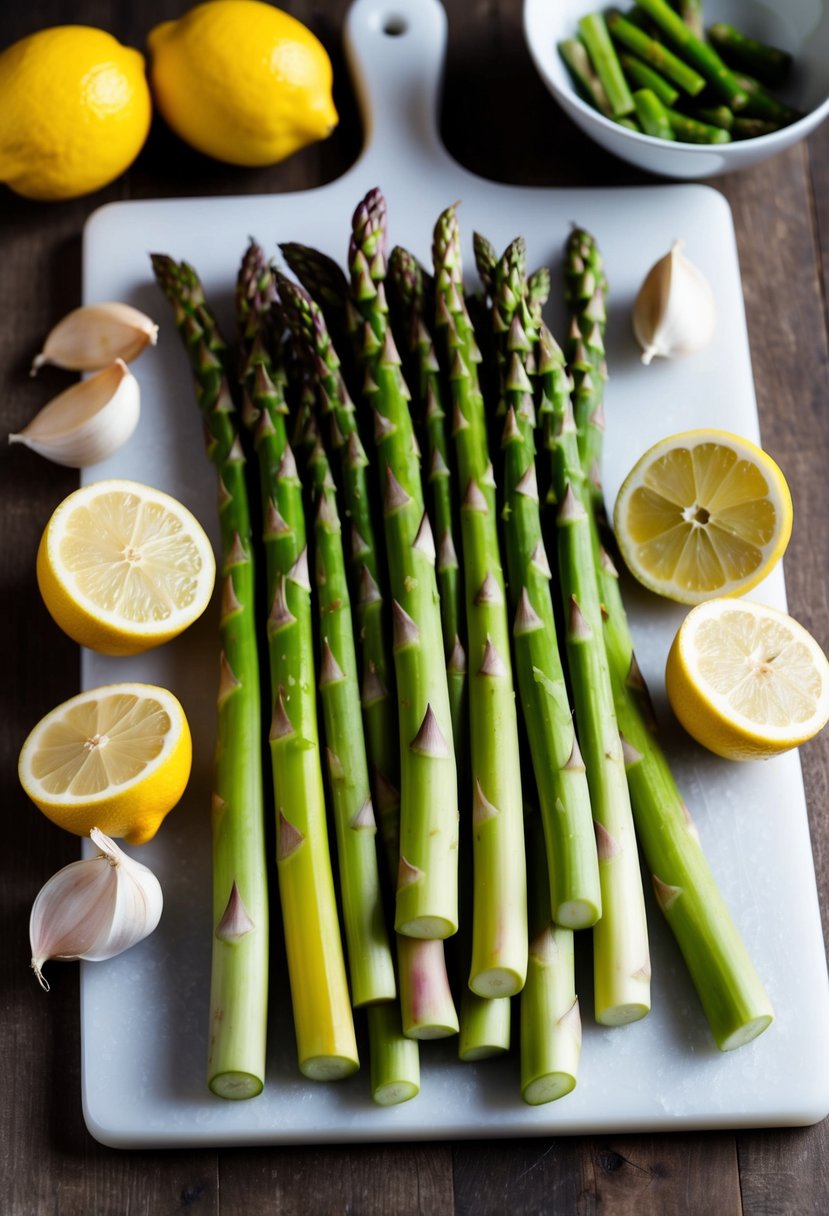 Fresh asparagus spears arranged on a cutting board, surrounded by halved lemons and garlic cloves