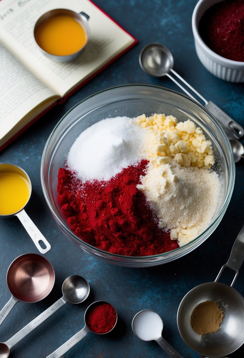 A mixing bowl filled with sugar-free red velvet cake mix and various ingredients, surrounded by measuring spoons and a recipe book