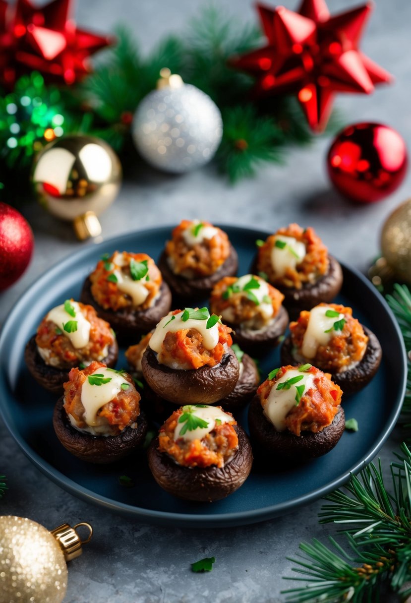 A platter of Whole30 sausage-stuffed mushrooms surrounded by festive holiday decorations