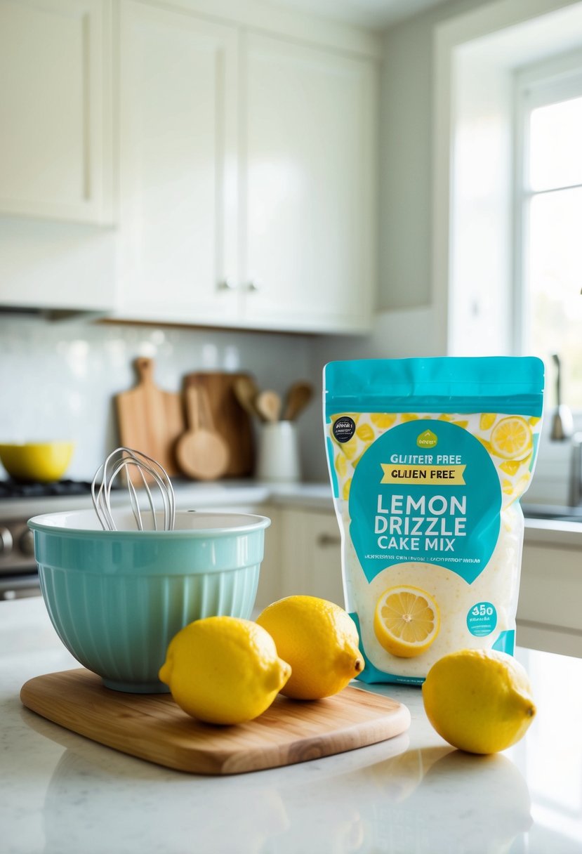 A bright kitchen with a mixing bowl, fresh lemons, and a bag of gluten-free lemon drizzle cake mix on the counter